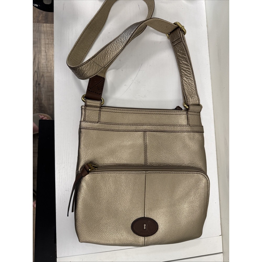 Fossil Morgan Crossbody Bag Metallic Gold Pebbled Leather Logo Adjustable